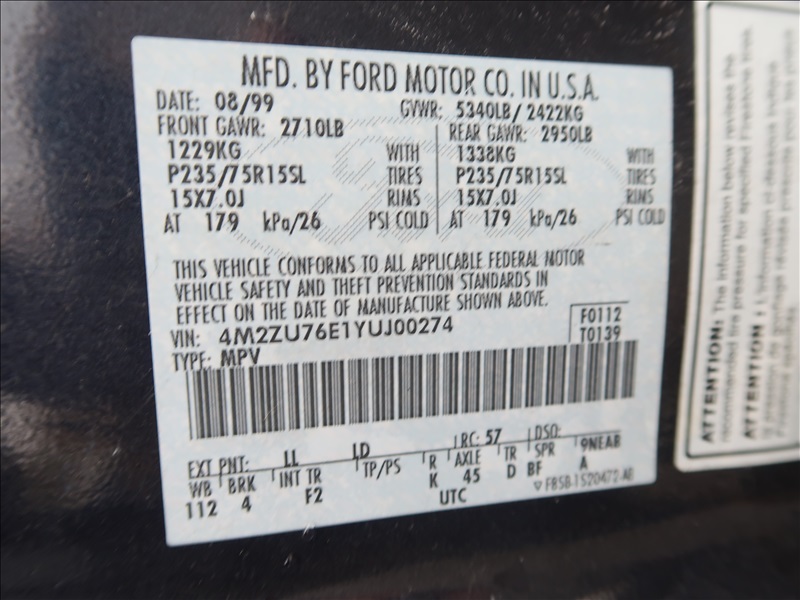 2000 MERCURY MOUNTAINEER SUV 4WD KENMORE HEAVY EQUIPMENT, CONTRACTORS