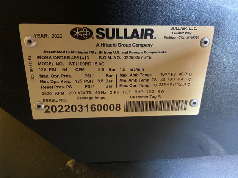 2022 SULLAIR SHOPTEK ST1109RD 15 AC ARROW MACHINING COMPANY ONLINE AUCTION James G Murphy Co