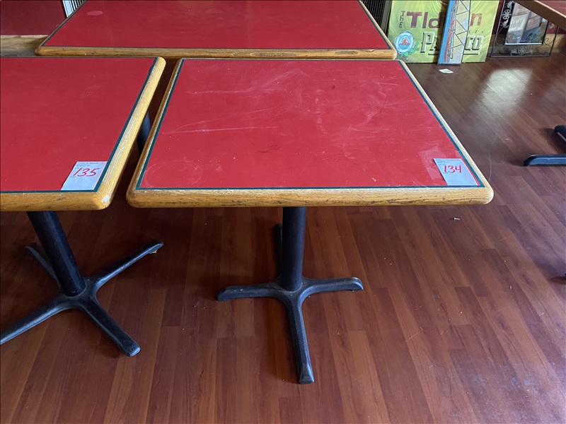 30" X 30" RED FORMICA TOP SINGLE PEDESTAL TABLE PROSPECTORS STEAK AND